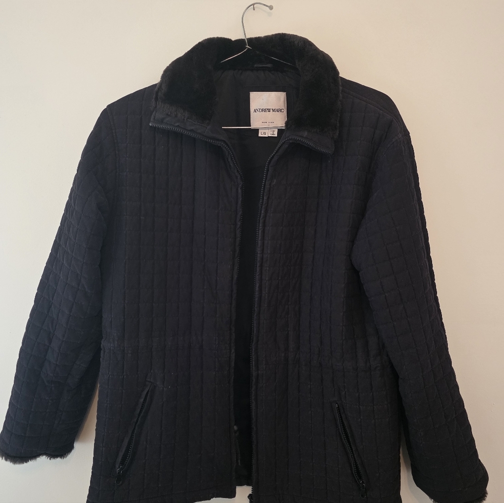 Black Quilted Jacket with Faux Fur Collar